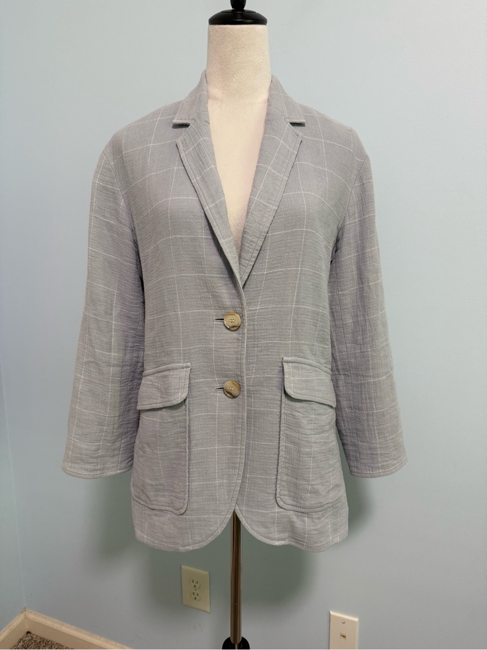 MADEWELLβ Cotton-Linen Relaxed Larsen Blazer in Windowpane Blue Plaid Size XXS